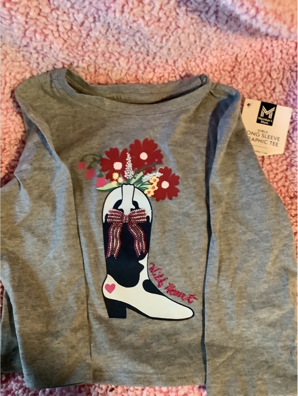 Mudd Girls' Long Sleeve Graphic Tee with Cowboy Boot and Flowers Design